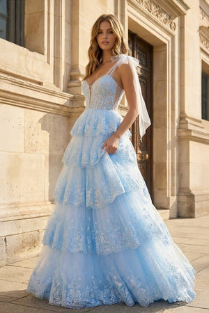 Light Blue Tulle Appliques Tying Strap Ruffle Tiered Long Prom Dress - KissProm