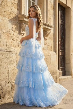 Light Blue Tulle Appliques Tying Strap Ruffle Tiered Long Prom Dress - KissProm