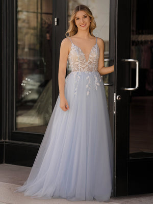 Cynthia | Light Blue V Neck Lace-Up Appliques Tulle Long Prom Dress