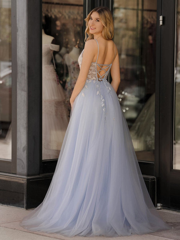 Cynthia | Light Blue V Neck Lace-Up Appliques Tulle Long Prom Dress