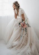 Light Champagne Tulle Lace A - Line Short Sleeves Bohemian Women Wedding Dresses - KissProm