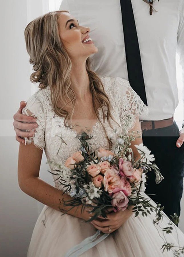 Light Champagne Tulle Lace A - Line Short Sleeves Bohemian Women Wedding Dresses - KissProm