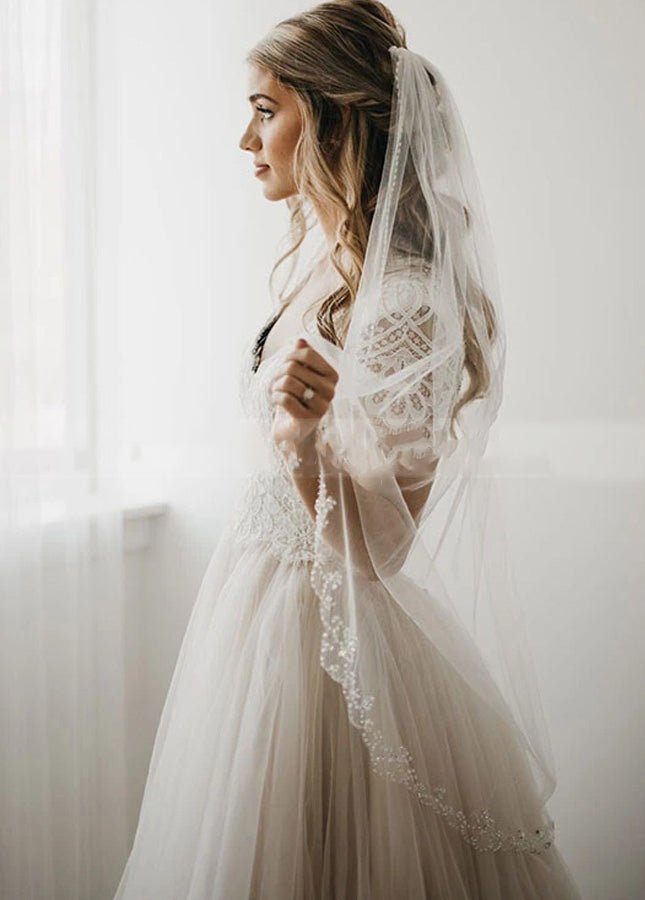 Light Champagne Tulle Lace A - Line Short Sleeves Bohemian Women Wedding Dresses - KissProm