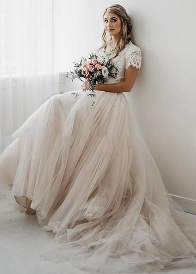 Light Champagne Tulle Lace A - Line Short Sleeves Bohemian Women Wedding Dresses - KissProm