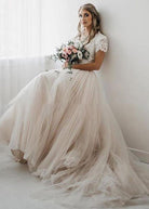Light Champagne Tulle Lace A - Line Short Sleeves Bohemian Women Wedding Dresses - KissProm