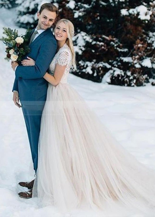 blue dress for baby girl Light Champagne Tulle Lace A-Line Short Sleeves Bohemian Women Wedding Dresses, Champagne / UK 18