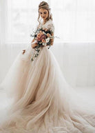 Light Champagne Tulle Lace A - Line Short Sleeves Bohemian Women Wedding Dresses - KissProm