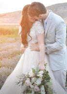 Light Champagne Tulle Lace A - Line Short Sleeves Bohemian Women Wedding Dresses - KissProm