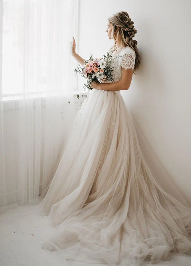 Light Champagne Tulle Lace A - Line Short Sleeves Bohemian Women Wedding Dresses - KissProm