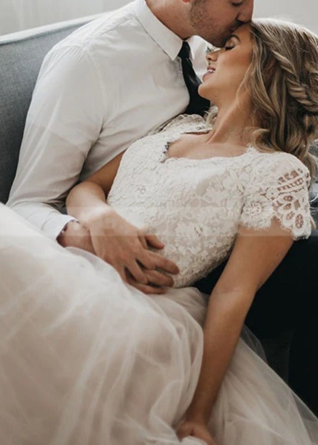 Light Champagne Tulle Lace A - Line Short Sleeves Bohemian Women Wedding Dresses - KissProm