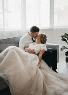 Light Champagne Tulle Lace A - Line Short Sleeves Bohemian Women Wedding Dresses - KissProm