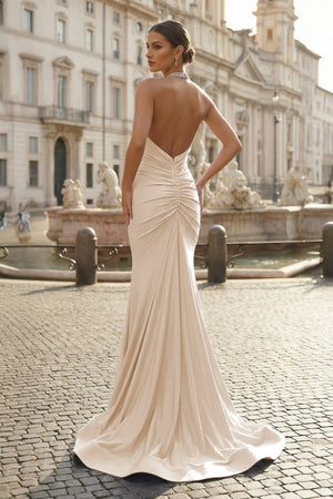 Light Lilac Halter Satin Mermaid Long Prom Dresses with Beading