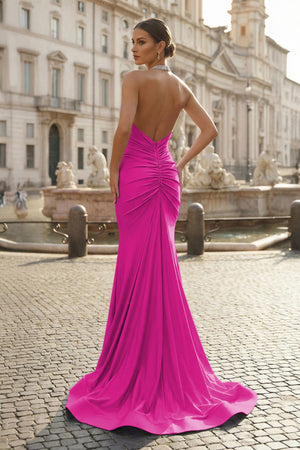 Light Lilac Halter Satin Mermaid Long Prom Dresses with Beading