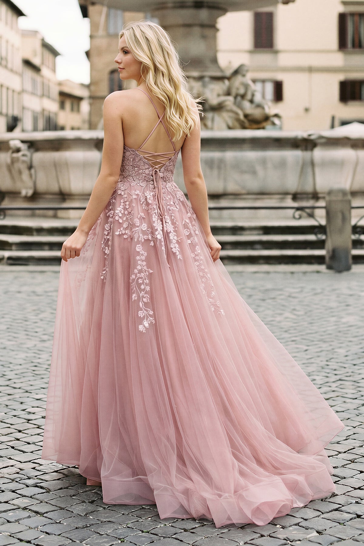 A-line Spaghetti Straps Tulle Prom Dress with Appliques, Blush Pink / 00