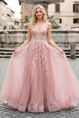 A-line Spaghetti Straps Tulle Prom Dress with Appliques – Dress by KissProm | Available at KissProm