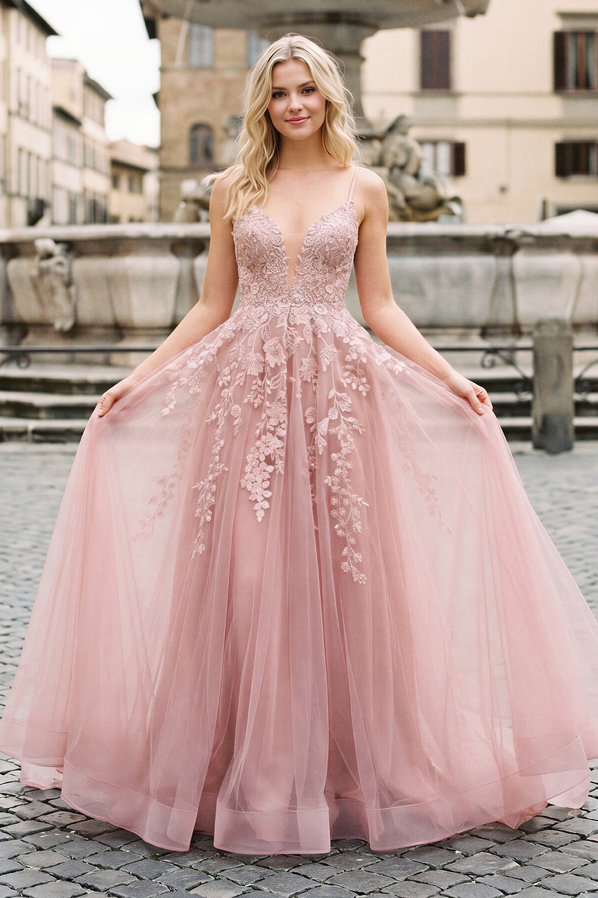 light pink evening dress KissProm A-line Spaghetti Straps Tulle Prom with Appliques, Blush / 00 category:Wedding Guest Color:10008 completed in a full Beach Vacation Dress With