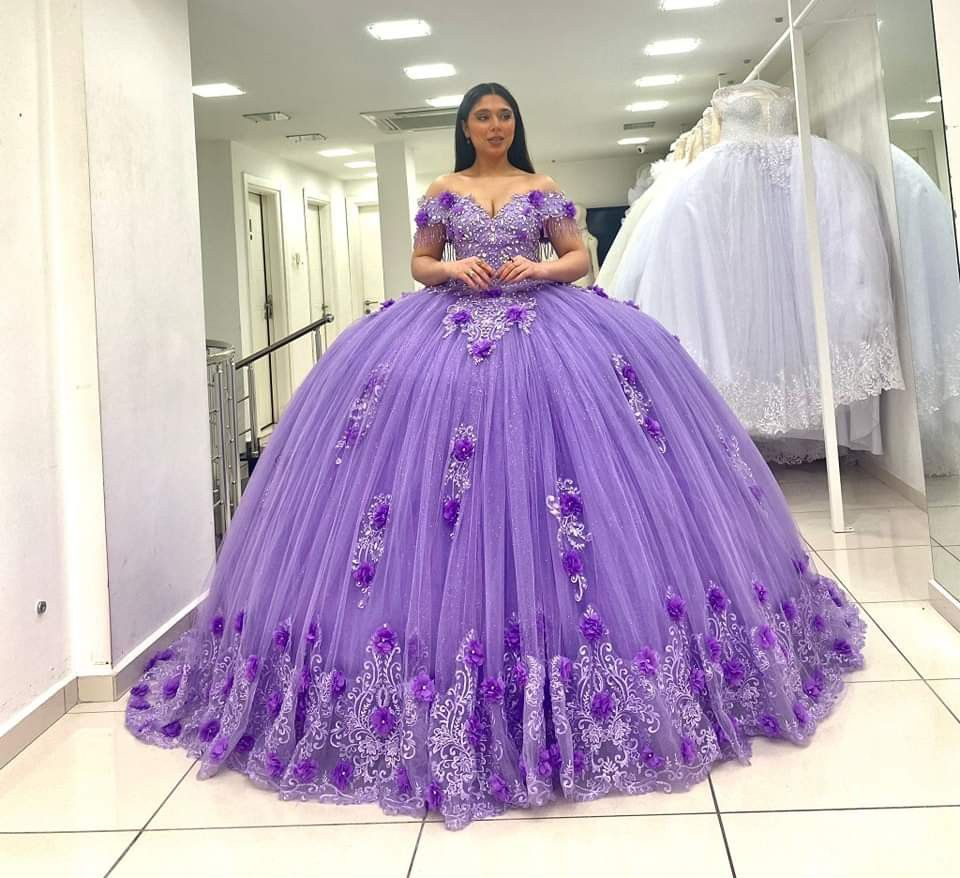 Ball Gown Lace Off-the-Shoulder Lavender Quinceanera Dress