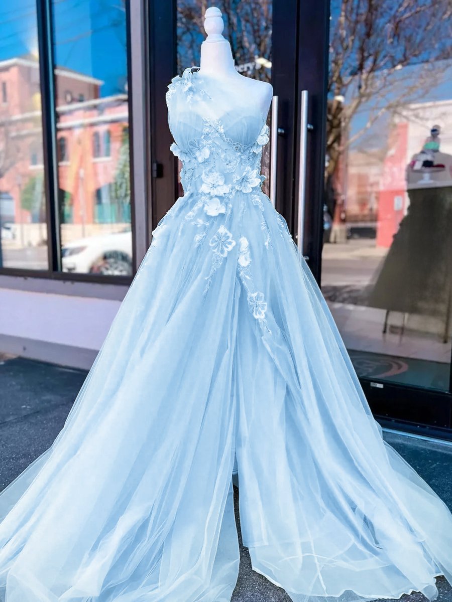 Light Yellow One Shoulder 3D Appliques Beading Long Prom Dress with Slit Yellow / 16 Light Yellow One Shoulder 3D Appliques Beading Long Prom Dress with Slit Yellow / 16