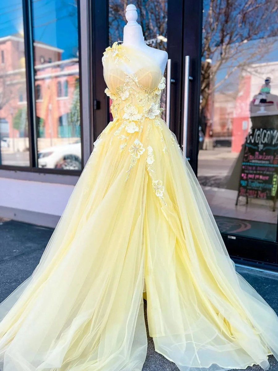 Light Yellow One Shoulder 3D Appliques Beading Long Prom Dress with Sl