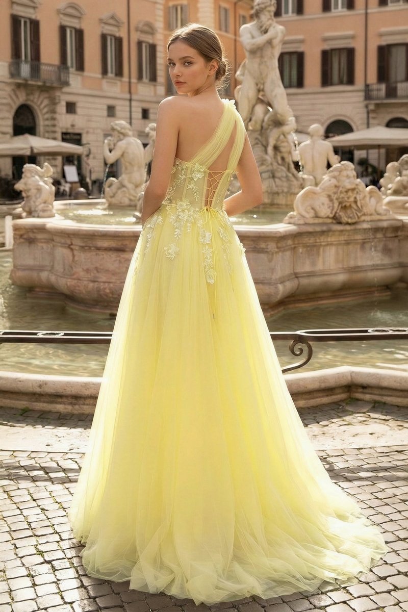 KissProm Light Yellow One Shoulder 3D Appliques Beading Long Prom Dress with Slit, Yellow / 16