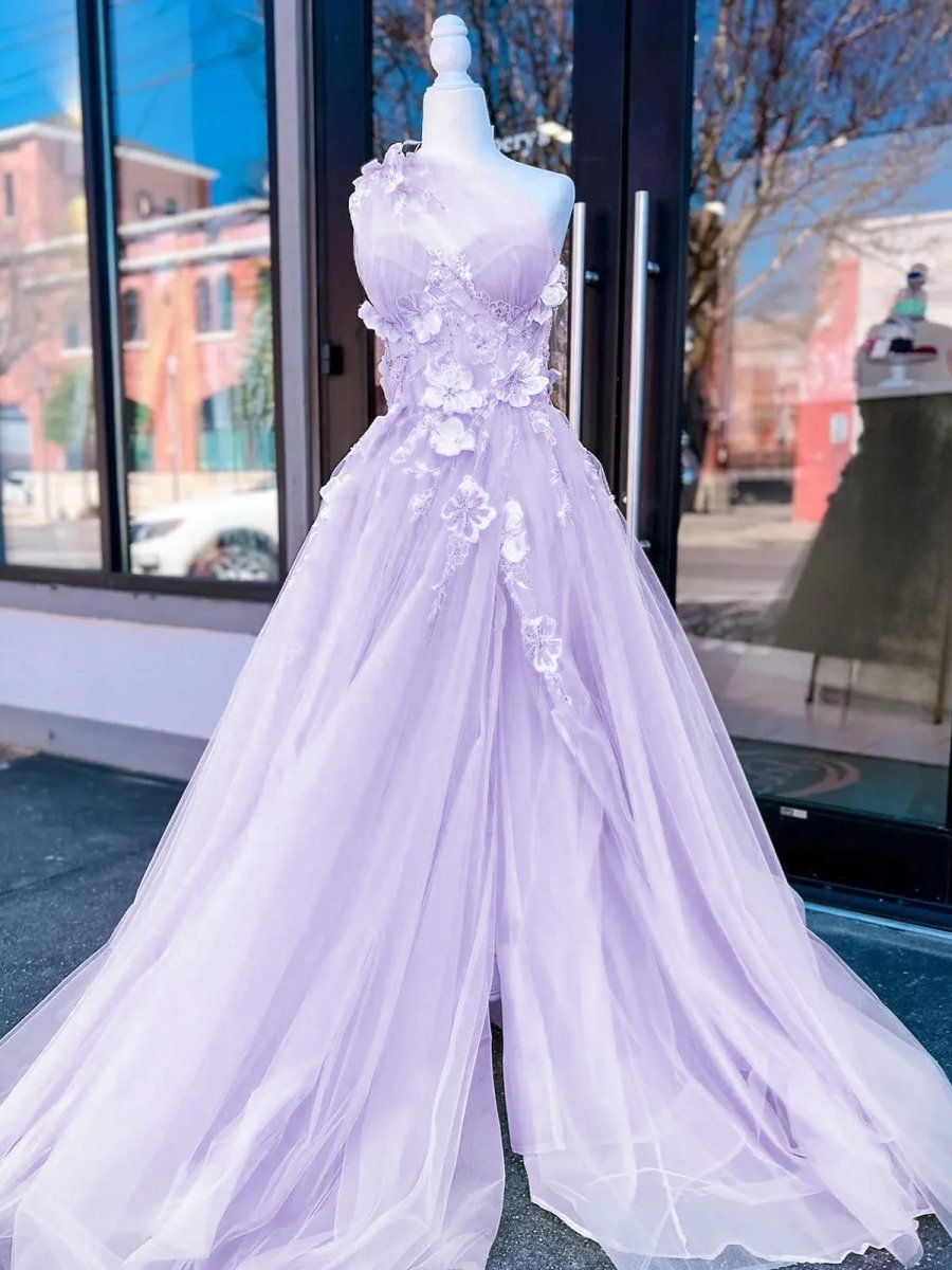 Light Yellow One Shoulder 3D Appliques Beading Long Prom Dress with Slit