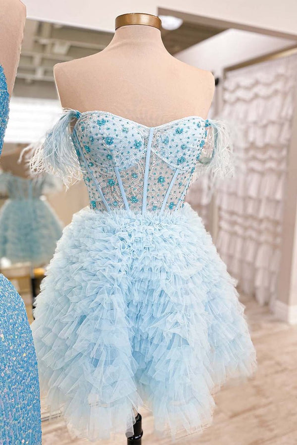 Olivia | A Line Off the Shoulder Light Blue Short Homecoming Dress with Feather