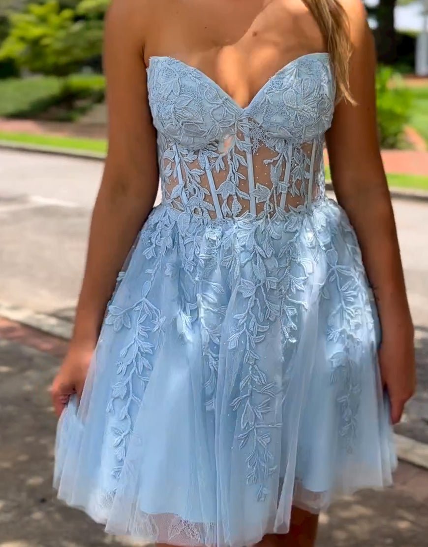 Yasmin Short A-line Sweetheart Corset Homecoming Dress with Appliques Sky Blue / 16 Yasmin Short A-line Sweetheart Corset Homecoming Dress with Appliques Sky Blue / 16
