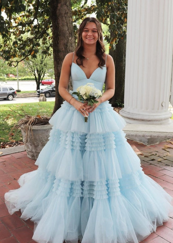 Amanda| A-Line Spaghetti Straps Long Tiered Tulle Prom Dress With Split