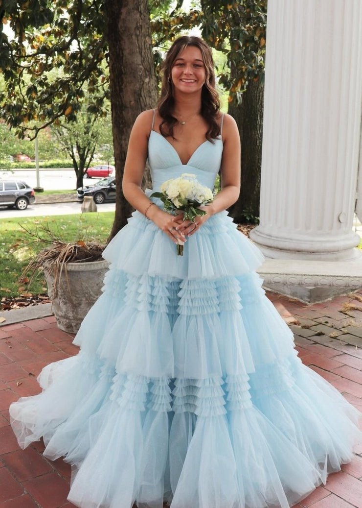 Amanda| A-Line Spaghetti Straps Long Tiered Tulle Prom Dress With Split main image 0