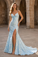 Spaghetti Straps Mermaid Floral Printed Prom Dress With Split-KissProm
