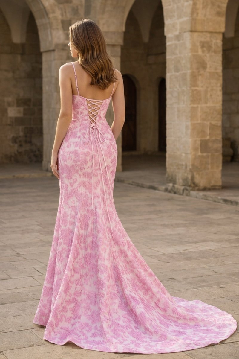 Spaghetti Straps Mermaid Floral Printed Prom Dress With Split Spaghetti Straps Mermaid Floral Printed Prom Dress With Split