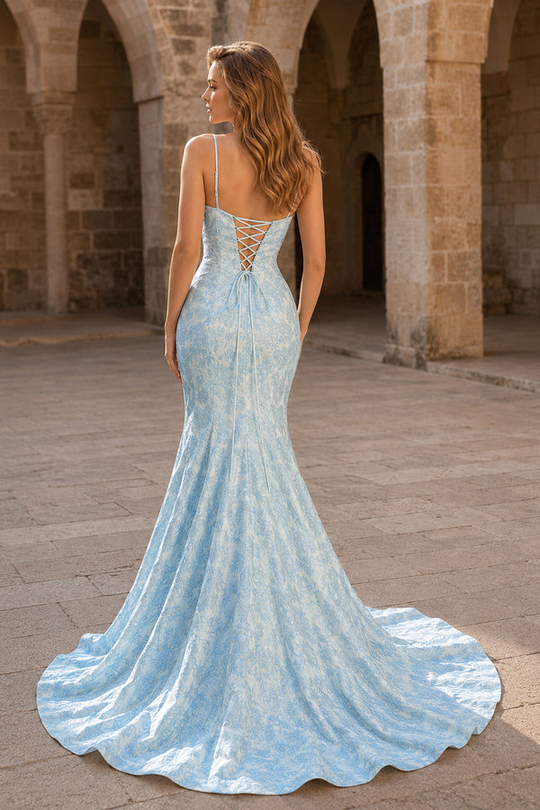 Spaghetti Straps Mermaid Floral Printed Prom Dress With Split-KissProm