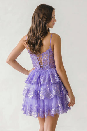 Lilac A- Line Sequins Multi-Layers Short Homecoming Dress - KISSPROM