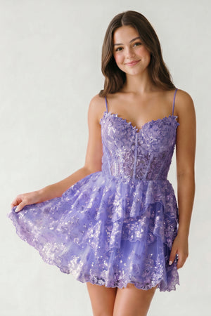 Lilac A- Line Sequins Multi-Layers Short Homecoming Dress - KISSPROM