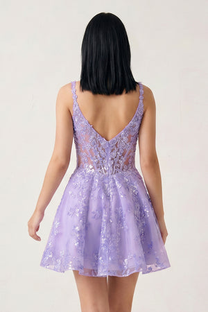 Lilac A-line Appliques Deep V Neck Short Homecoming Dress - KissProm 