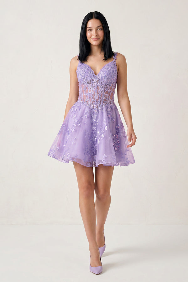Lilac A-line Appliques Deep V Neck Short Homecoming Dress - KissProm 