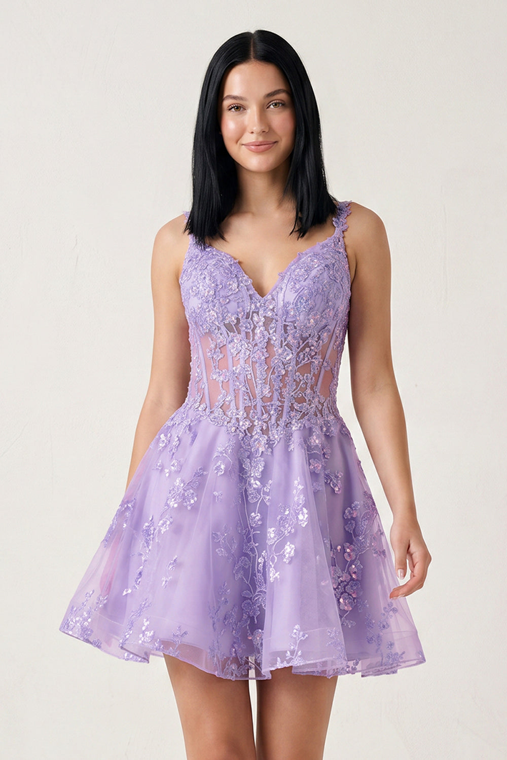 Lilac A-line Appliques Deep V Neck Short Homecoming Dress - KissProm 