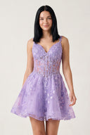 Lilac A-line Appliques Deep V Neck Short Homecoming Dress - KissProm 
