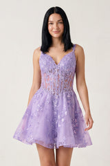 Lilac A-line Appliques Deep V Neck Short Homecoming Dress - KissProm 