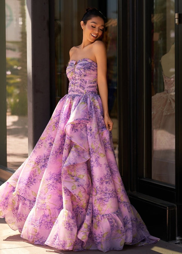 Lilac A - Line Corset Detachable Sweetheart Floral Long Prom Dress - KissProm