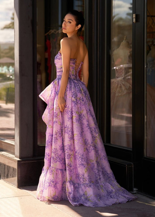 Lilac A - Line Corset Detachable Sweetheart Floral Long Prom Dress - KissProm