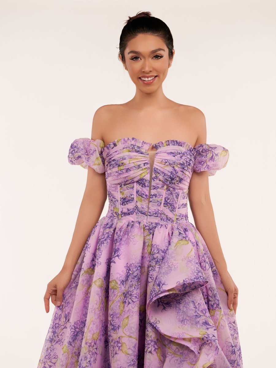 Lilac A - Line Corset Detachable Sweetheart Floral Long Prom Dress - KissProm