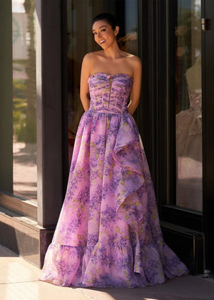 Lilac A - Line Corset Detachable Sweetheart Floral Long Prom Dress - KissProm
