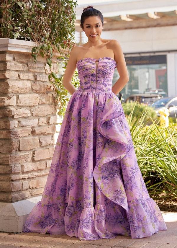 Lilac A - Line Corset Detachable Sweetheart Floral Long Prom Dress - KissProm