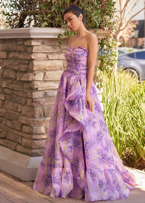 Lilac A - Line Corset Detachable Sweetheart Floral Long Prom Dress - KissProm