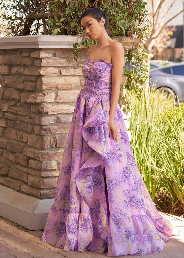 Lilac A - Line Corset Detachable Sweetheart Floral Long Prom Dress - KissProm