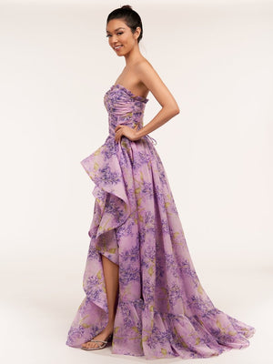 Lilac A - Line Corset Detachable Sweetheart Floral Long Prom Dress - KissProm