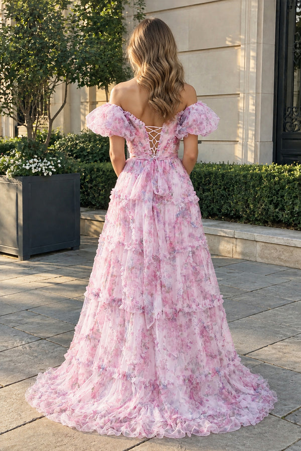 Lilac A Line Off The Shoulder Floral Tulle Prom Dress (2) | KISSPROM