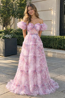 Lilac A Line Off The Shoulder Floral Tulle Prom Dress | KISSPROM