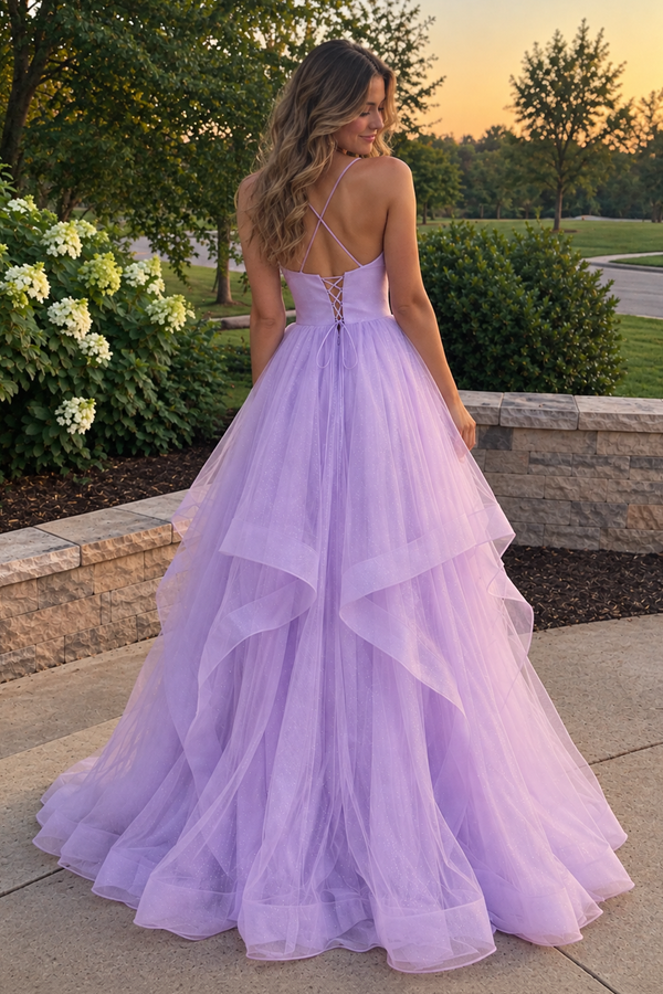 Lilac A Line Spaghetti Straps Long Prom Dress with Ruffles (2) | KISSPROM